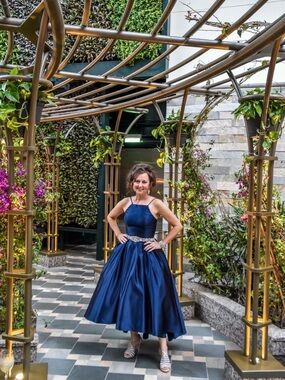 Betsy & Adam Navy Satin Spaghetti Strap Evening Dress #1049